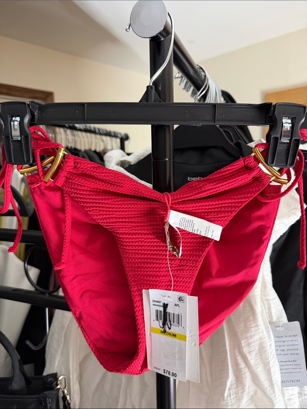 BECCA Red Bikini Bottoms with Gold Ring Accents